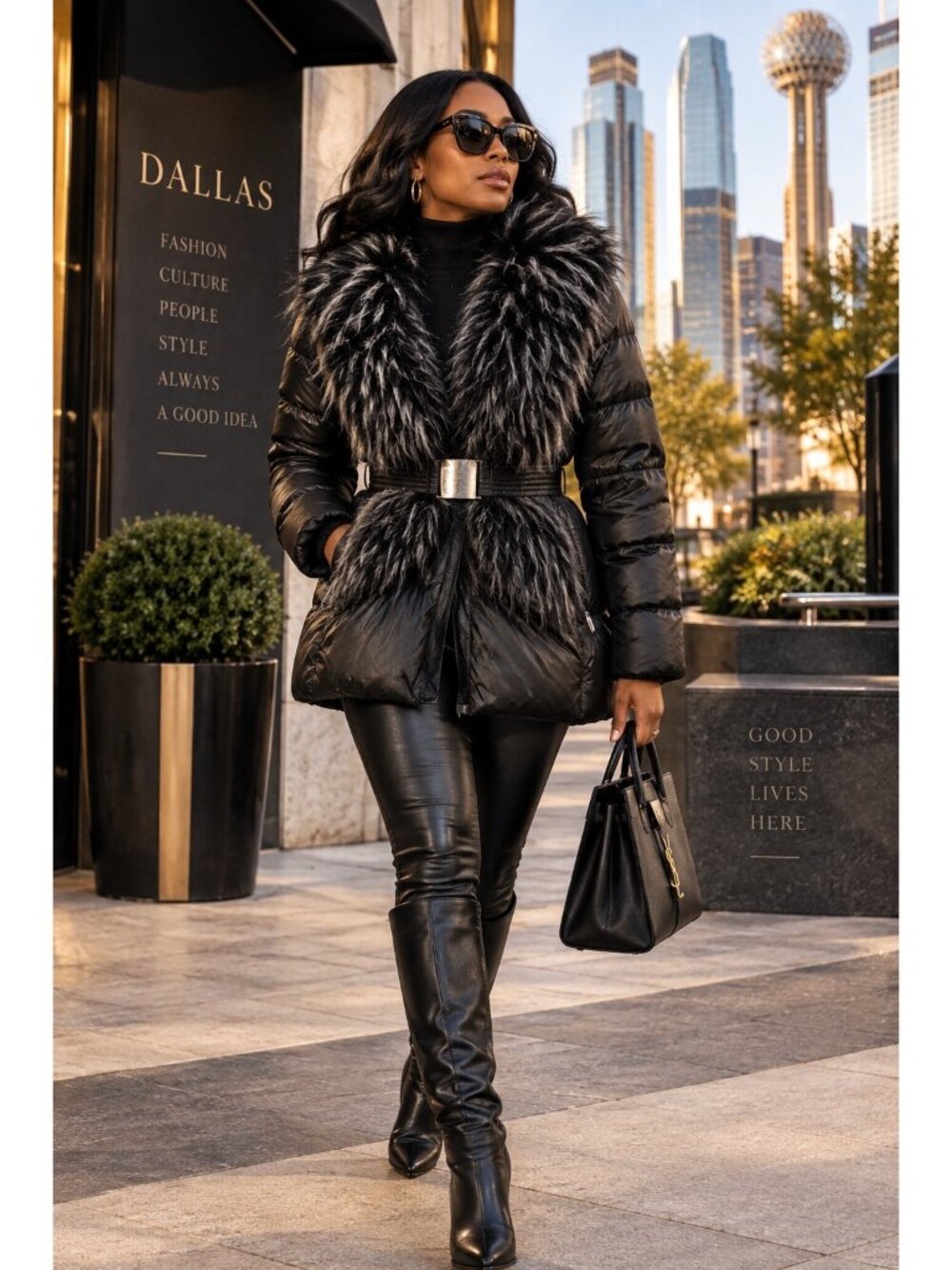 French Connection Women L Black Down Puffer Coat Faux Fur Convertible Vest Belte